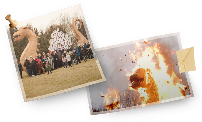 Cardboard viking ship wih the phrase "the people we used to be" on fire